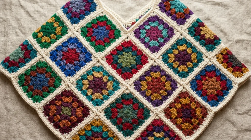 A colorful V-neck crocheted poncho made of interconnected, multicolor granny squares is displayed flat on a plain backdrop.