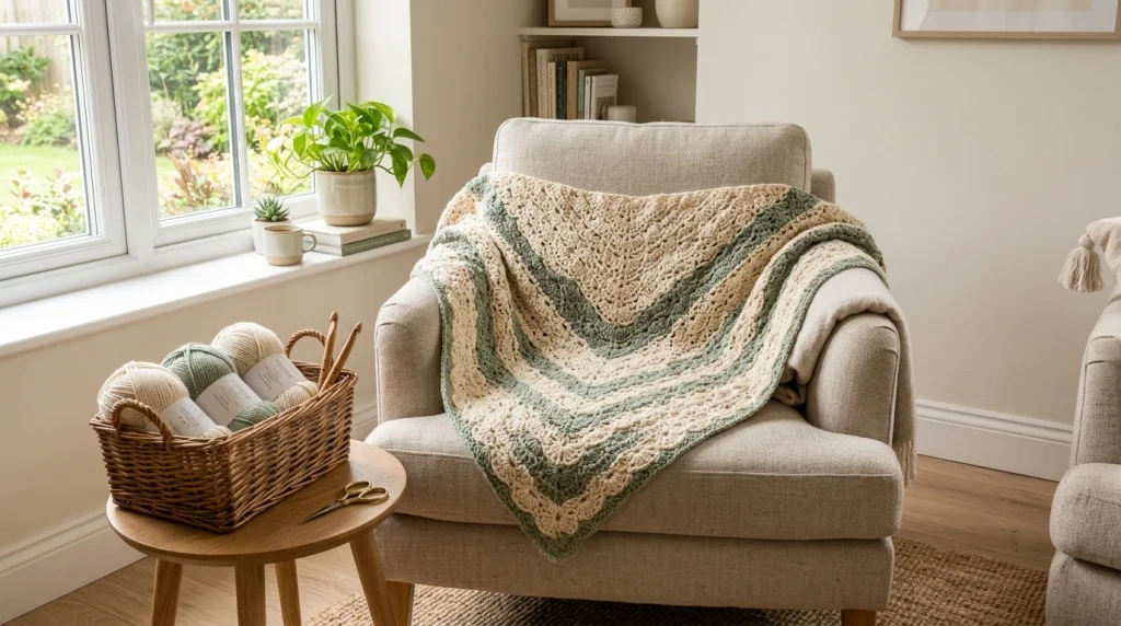 A cream and sage green striped triangular crochet shawl draped over a neutral armchair near a basket of yarn.