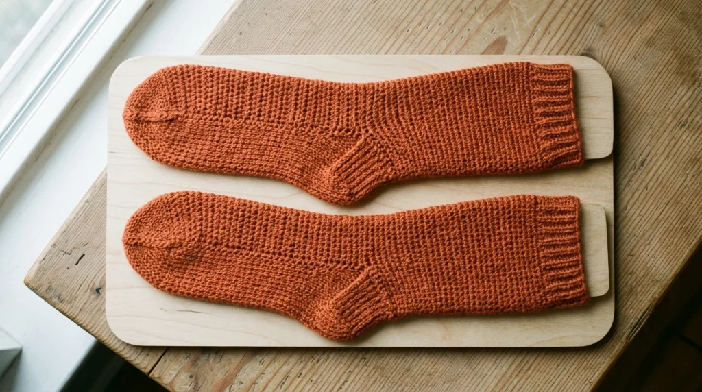 A pair of handmade rust-orange crocheted or knitted socks lies flat on wooden sock blockers placed on a light wooden table