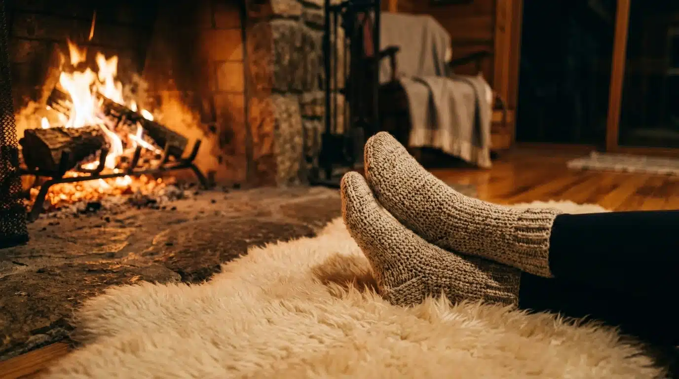 A person relaxes on a soft rug with their feet wearing cozy, beige hand-knitted socks extended toward a warm, crackling stone fireplace in a cozy room.
