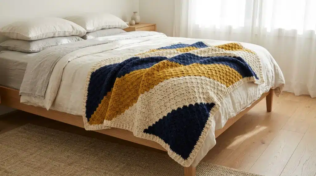 A textured, chunky crochet throw blanket with bold diagonal stripes in navy blue, mustard yellow, and cream laid across the foot of a bed dressed in light neutral linens.