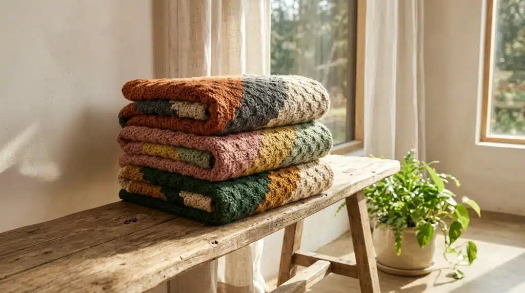 Stacked crochet blankets folded on a rustic wooden bench in a sunlit room, with a potted plant and large windows in the background.