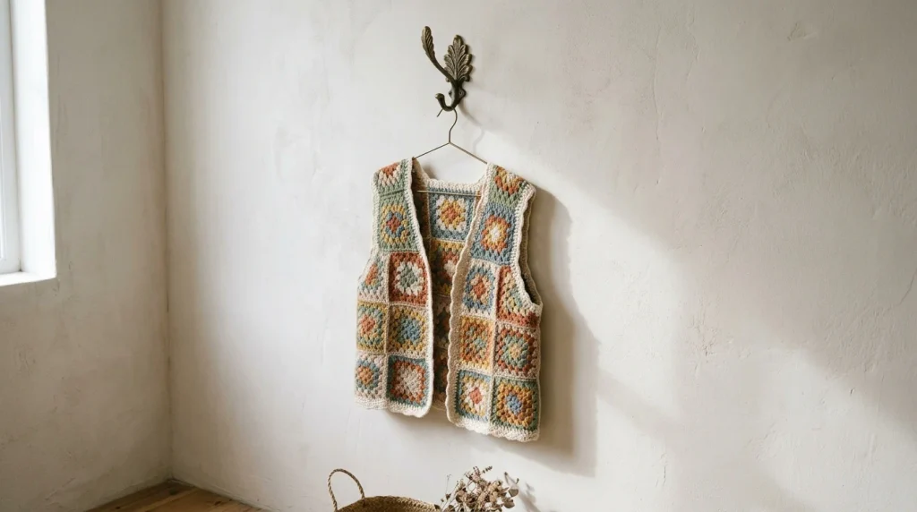 Colorful crocheted granny-square vest hanging on a wall-mounted hook in a bright room.