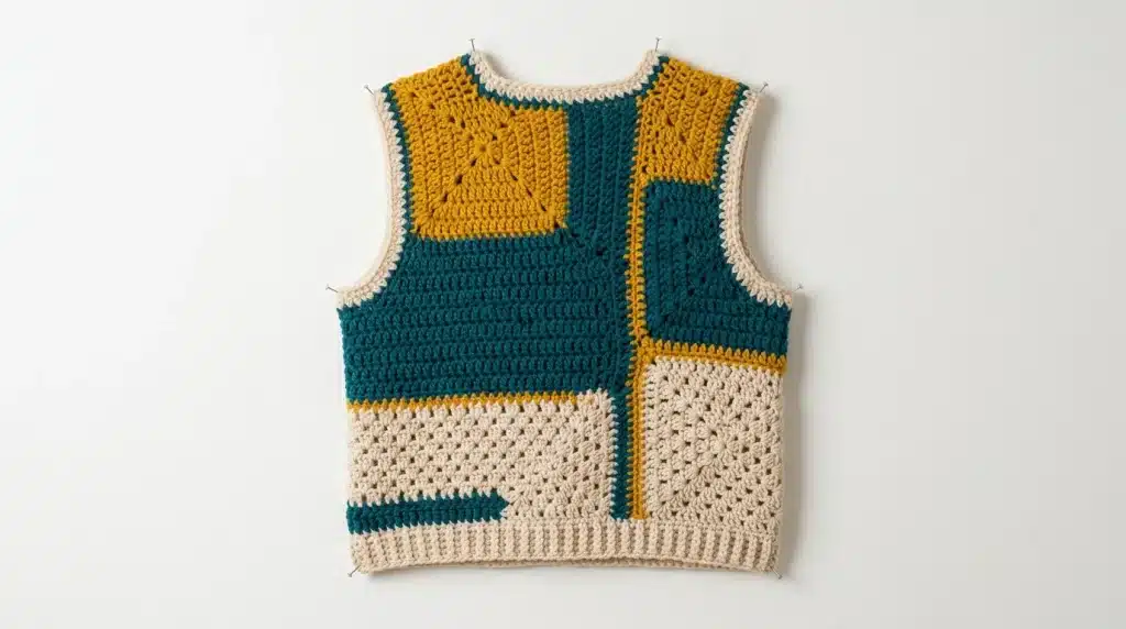 A modern crochet sweater vest pinned flat against a white wall. The vest features an asymmetrical color-blocked geometric pattern in teal, mustard yellow, and cream white with ribbed trim along the hem.