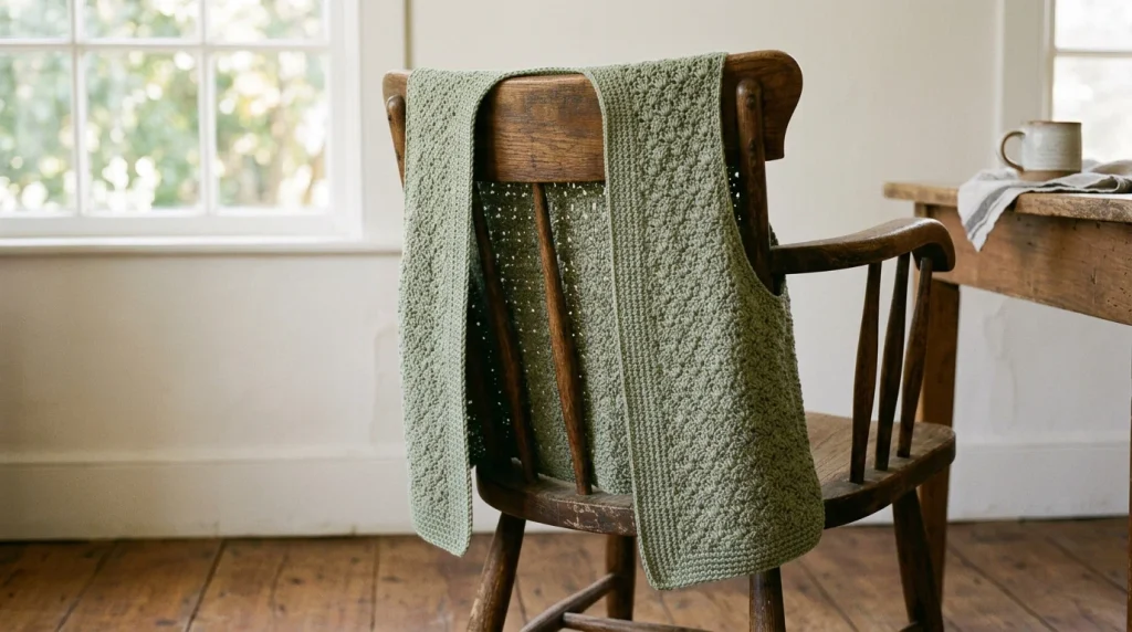 Sage green crocheted vest draped over a wooden chair in a bright, cozy room.