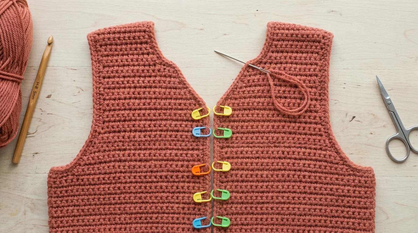 Terracotta-colored crocheted vest panels pinned together on a worktable with yarn, crochet hook, needle, and scissors.