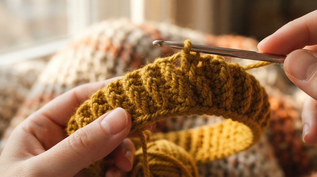 Close-up of hands crocheting mustard-yellow yarn with a 4.0 mm crochet hook, forming a textured crochet piece.