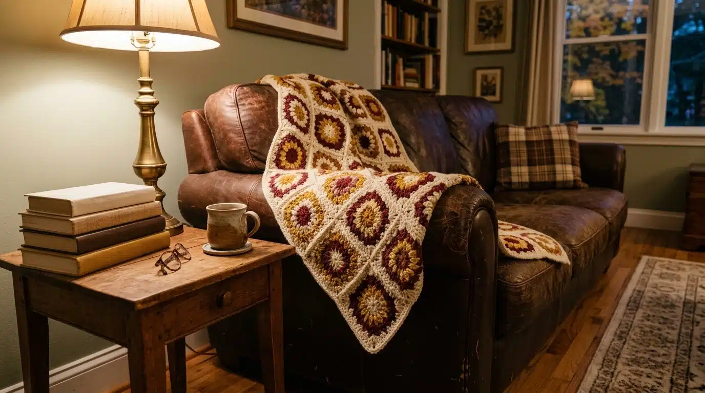 A cozy living room scene featuring a cream, burgundy, and mustard yellow granny square afghan draped over a brown leather couch next to a wooden side table with stacked books, glasses, and a mug under a warm lamp.