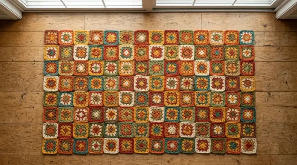 An overhead shot of dozens of multi-colored crochet granny squares arranged neatly in a grid on a rustic wooden floor next to a window.