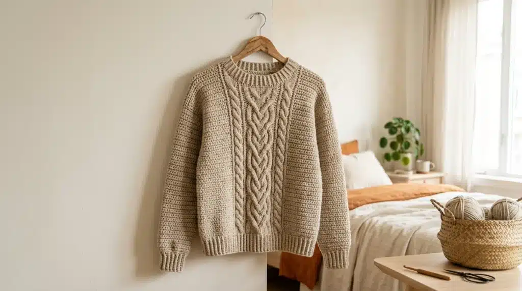 Handmade crochet jumper with a raised cable stitch panel