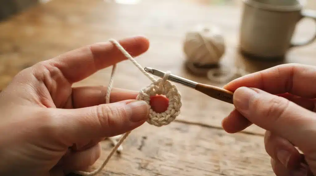 Close-up of hands holding off-white yarn and a 4.0mm wooden crochet hook to start a magic ring stitch over a rustic table.