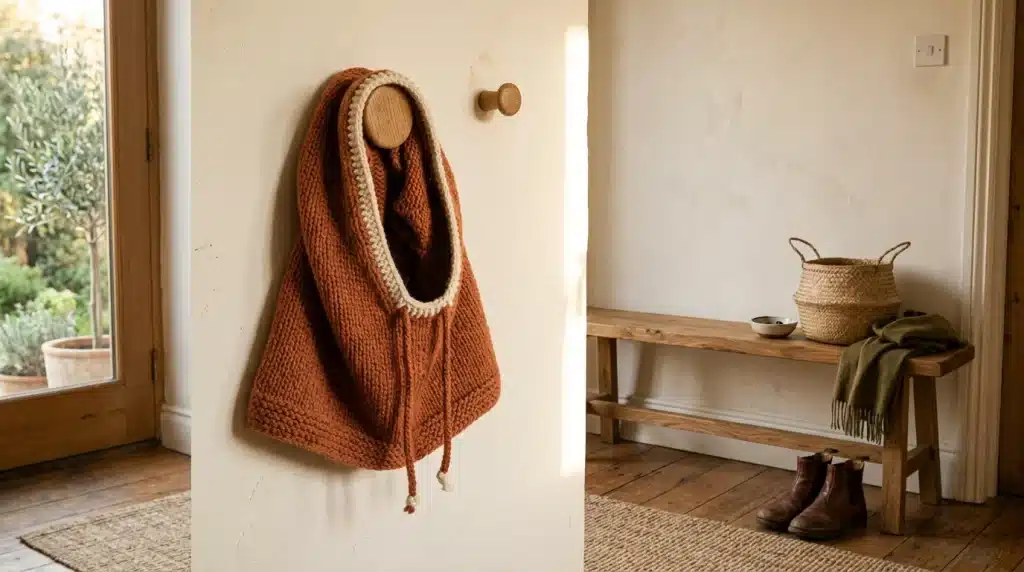 Brown crocheted hooded cowl hanging on a wooden wall hook in a cozy entryway.