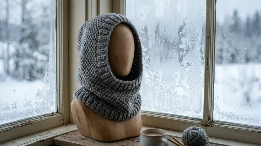 Gray crocheted hooded cowl displayed on a wooden mannequin beside a snowy window.
