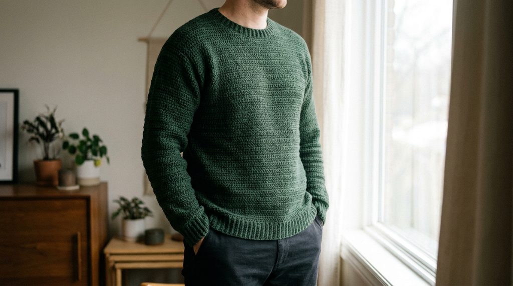 Man wearing a dark green crocheted sweater with ribbed cuffs and hem, standing indoors beside a large window.