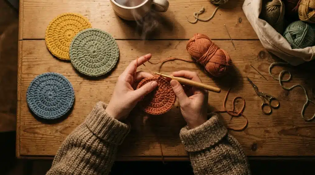 Person crocheting a round coaster with a crochet hook on a rustic wooden table surrounded by yarn and crochet supplies.