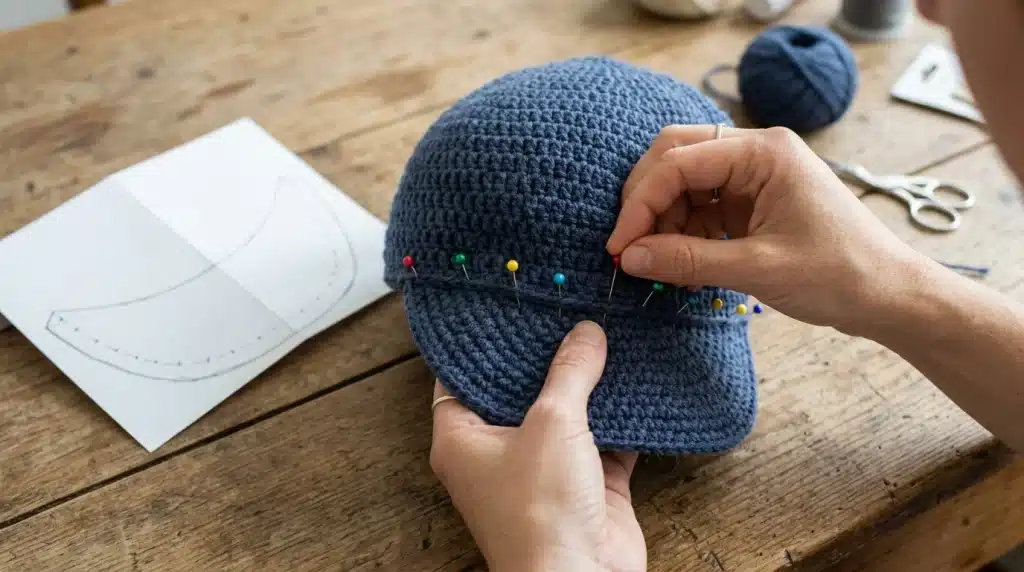 Hands pinning the brim of a navy blue crocheted baseball cap during the finishing process.