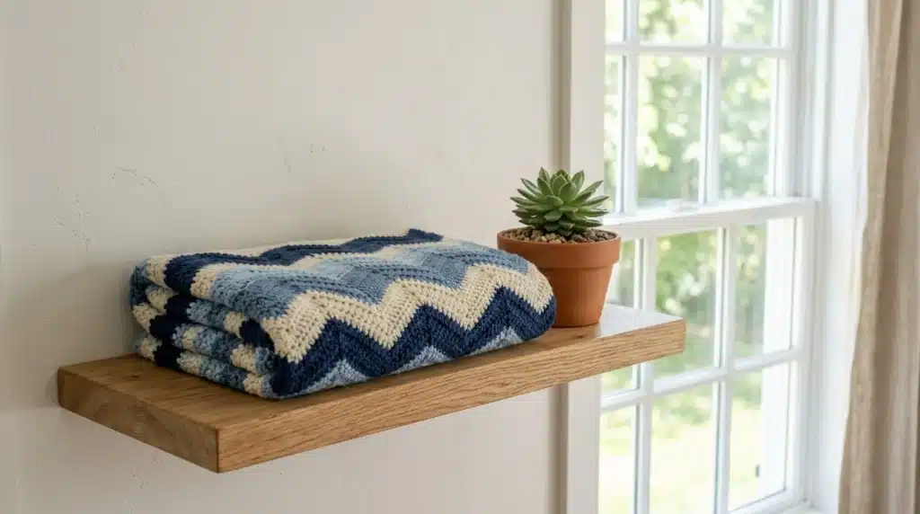 A neatly folded blue, light blue, and cream chevron-patterned crochet blanket resting on a floating wooden wall shelf beside a small potted succulent and a window.
