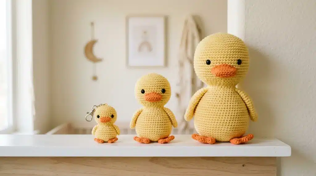 Three yellow crochet duck toys in different sizes displayed on a shelf.