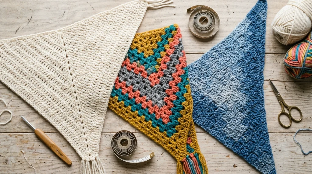 Top-down view of three folded triangular crochet shawls in cream, multicolored, and blue laid out on a wooden table with craft supplies.