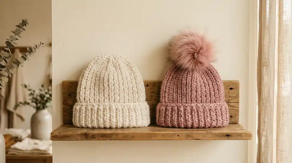 two ribbed knit beanies—one cream and one dusty pink with a matching fluffy pom-pom—sit side by side on a rustic wooden shelf.