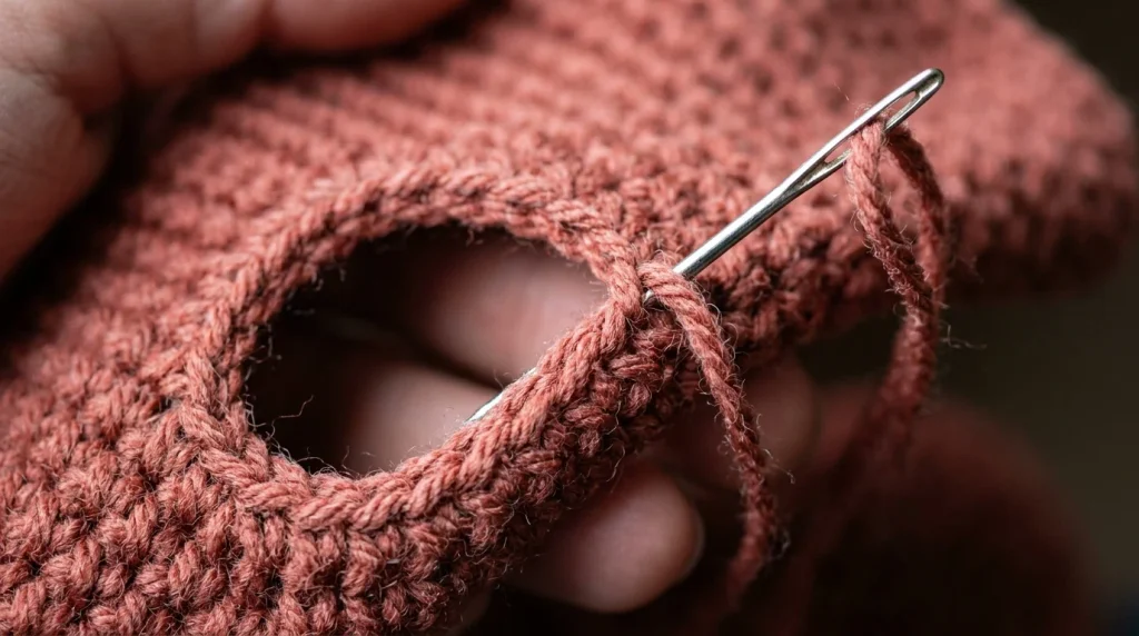 Close-up of a hand using a metal needle to stitch the edge of a pink crocheted piece with matching yarn.